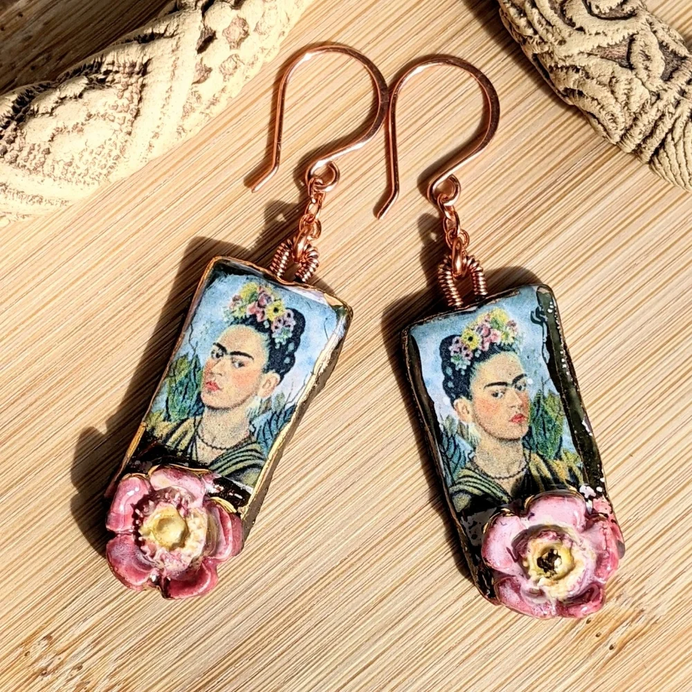 Unique Frida Khalo Earrings Artisan Crafted Lightweight Ceramic Charms - Picture 12 of 16